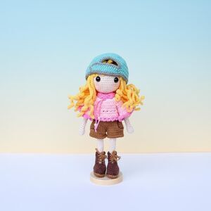 Crochet Skater Girl Doll – 8” Amigurumi Blonde with Cap – Handmade Room Decor